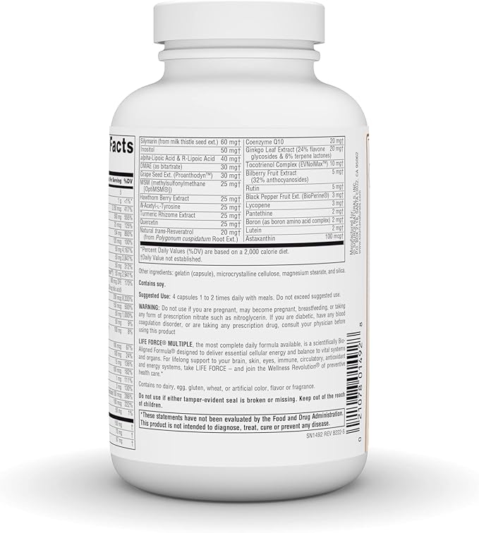 Source Naturals Life Force Multiple, Energy Activator* Iron Free, Daily Multivitamin High Potency Essential Vitamins, Minerals, Antioxidants & Nutrients - 180 Capsules