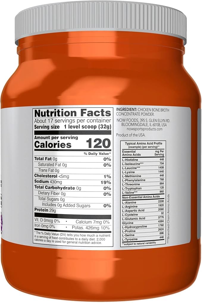 NOW Foods Sports Nutrition, Chicken Bone Broth Powder made with Premium-Quality Chicken Bone Extract, 1.2-Pound