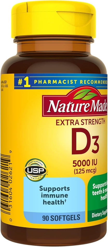 Nature Made Extra Strength Vitamin D3 5000 IU (125 mcg), Dietary Supplement for Bone, Teeth, Muscle and Immune Health Support, 90 Softgels, 90 Day Supply