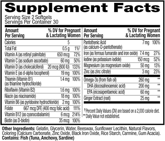 OLLY Ultra Strength Prenatal Multivitamin Softgels, Supports Healthy Growth, Brain Development, Iron, Folic Acid, DHA, Vitamins C, E, 30 Day Supply-60 Count (Packaging May Vary)