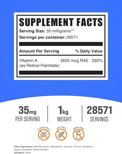 BulkSupplements.com Vitamin A Palmitate Powder - as Retinol Palmitate, Vitamin A Supplement for Immune & Eye Support - Gluten Free, 35mg per Serving, 1kg (2.2 lbs) (Pack of 1)