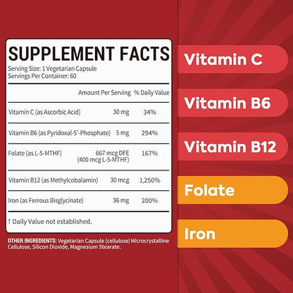 Gentle Iron Supplement for Women Men, Stomach Friendly & Non-Constipating | Iron Bisglycinate with Vitamin C, Folate, B6 & B12 | Iron Pills for Blood & Energy Support | 60 Vegan Capsules