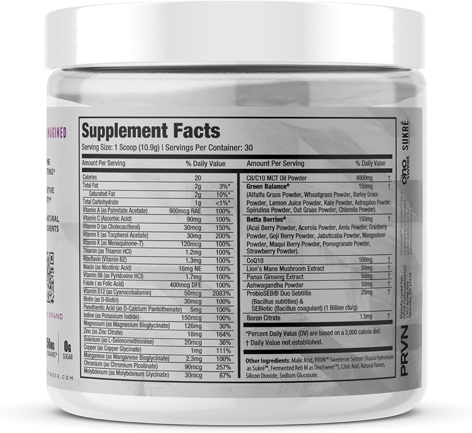 PRVN Performance Multi+ Greens, Probiotic, Ashwagandha, Lions Mane & MCT Powder - Energy & Mental Boost, 30 Serv (Tropical)