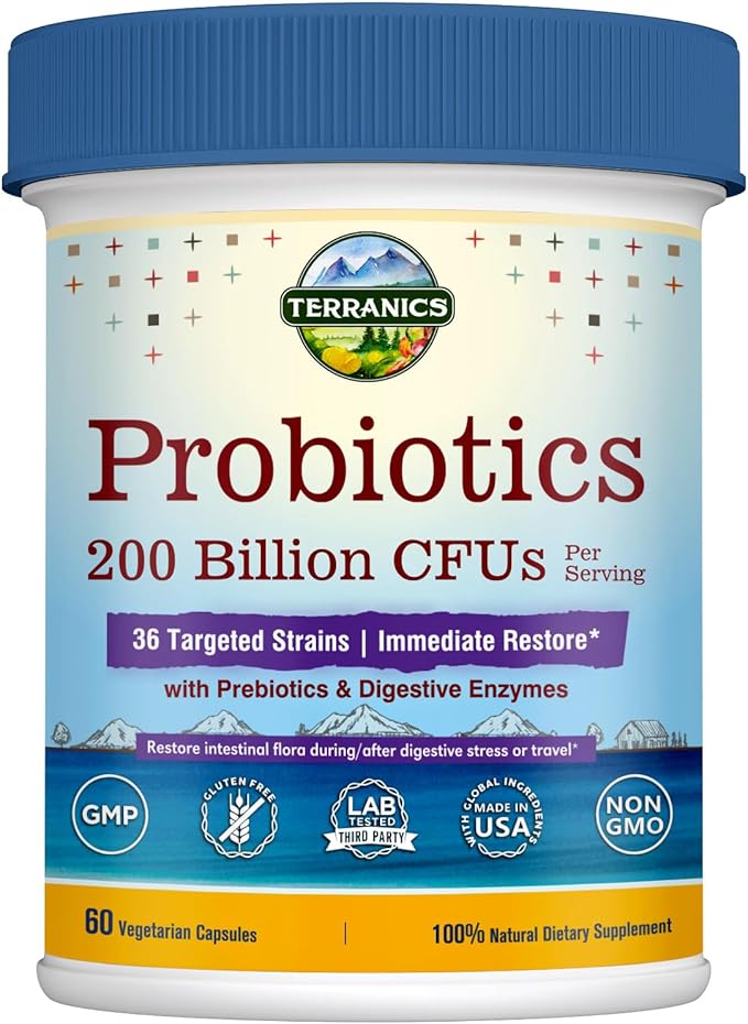Terranics Daily Probiotics for Men & Women, 200 Billion 36 Strains Immediate Restore Probiotics, with Prebiotics & Enzymes, Healthy Regularity, Delayed Release, Shelf Stable, 60 Veggie Caps
