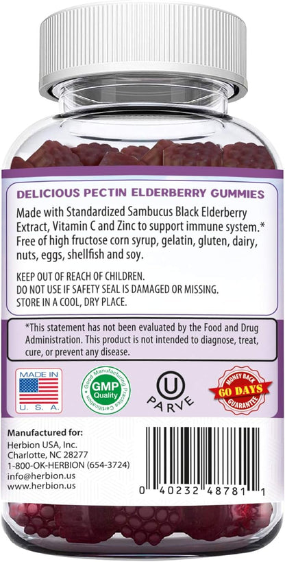 Herbion Elderberry Gummies with Vitamin C & Zinc - Healthy Immune System Support - Gluten-Free & Gelatin-Free - 60 Gummies for Adults & Children 4 Years & Above - Made in USA.