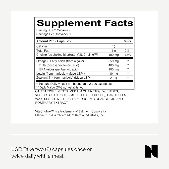 Needed Vegan Omega 3 DHA EPA Supplement - Delivers 500MG of Omega-3 DHA & EPA and 100MG of Choline, Encased in Veg Capsule, Sustainably Sourced from Algae Oil, Daily Dose of 2 Capsules, 30-Day Supply