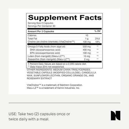 Needed Vegan Omega 3 DHA EPA Supplement - Delivers 500MG of Omega-3 DHA & EPA and 100MG of Choline, Encased in Veg Capsule, Sustainably Sourced from Algae Oil, Daily Dose of 2 Capsules, 30-Day Supply