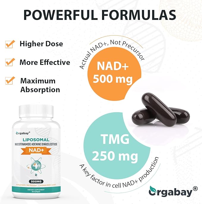 Liposomal NAD+ Supplement 500 mg, High Absorption, Boost NAD+ with TMG 250 mg, Actual NAD Plus More Efficient Than Nicotinamide Riboside, Support Cellular Energy, Healthy Aging | 60 Softgels