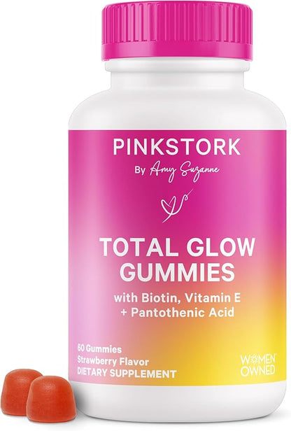 Pink Stork Total Glow Gummies - Hair, Skin, and Nails Vitamins - 11 Vitamins & Nutrients - Biotin, Vitamin A, B6, B12, Folate - Beautiful Hair, Radiant Skin, and Strong Nails - 60 Berry Biotin Gummies