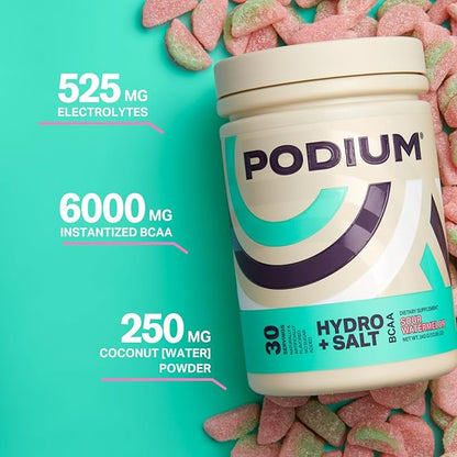 Podium Nutrition, Instantized BCAA Powder, Hydro and Salt, Sour Watermelon, 30 Servings, Electrolytes, Hydration, Recovery