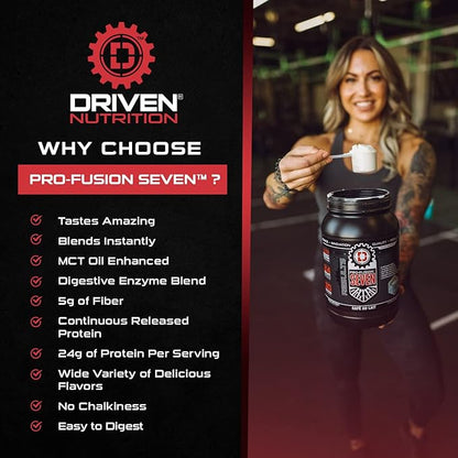 Driven Pro Fusion 7 Meal Replacement Powder - Men & Women, 3 lbs - 24g Protein Per Serving, Digestive Enzymes & MCT Oil - Gluten-Free - On-The-Go Energy & Supports Muscle Mass - Banana Milkshake