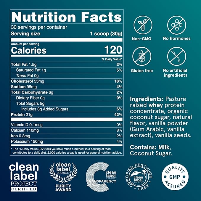 Puori Whey Protein Powder - Bourbon Vanilla - PW1 Pasture Raised, Grass-Fed & Non-GMO - 100% Natural and Pure for Muscle Growth - 21g Protein 1.98lbs - Gluten-Free