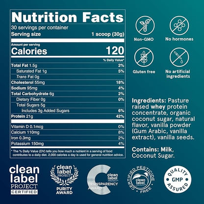 Puori Whey Protein Powder - Bourbon Vanilla - PW1 Pasture Raised, Grass-Fed & Non-GMO - 100% Natural and Pure for Muscle Growth - 21g Protein 1.98lbs - Gluten-Free