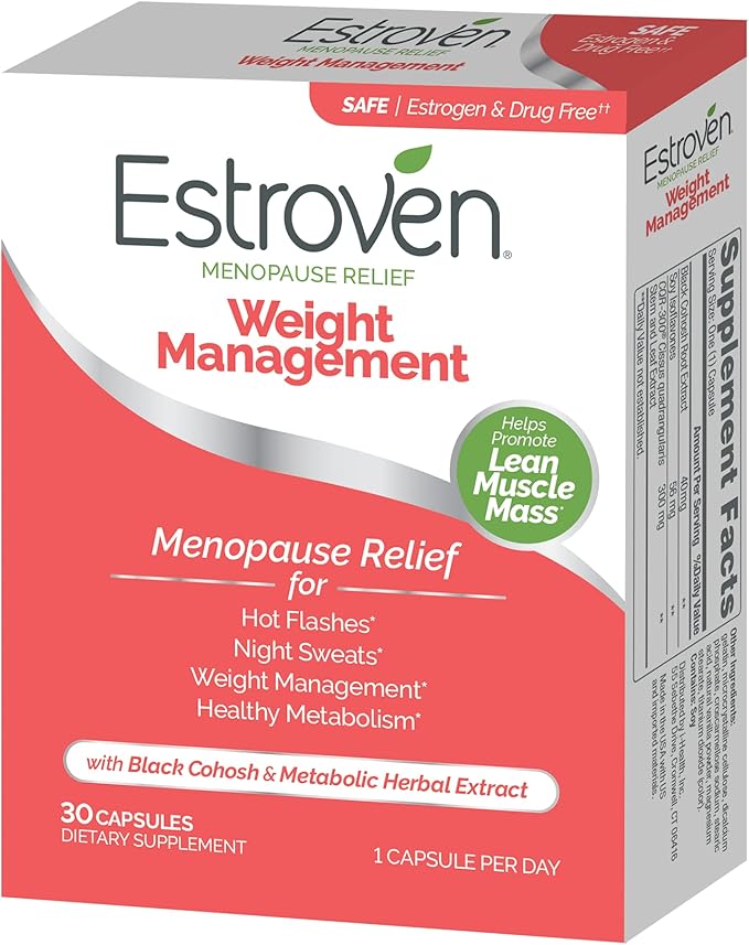 Estroven Weight Management for Menopause Relief - 30 Ct. - Clinically Proven Ingredients Help Manage Weight, Provide Night Sweats & Hot Flash Relief - Drug-Free & Gluten-Free Caplets