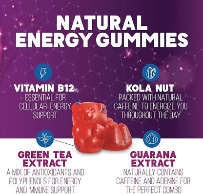 Energy Gummies Vitamin B12, Green Tea Natural Caffeine Support, Extra Strength 1000 mcg Daily Energy Vitamins, Delicious Berry Flavor Gluten Free Chewable Supplement for Cycling & Running - 60 Chews