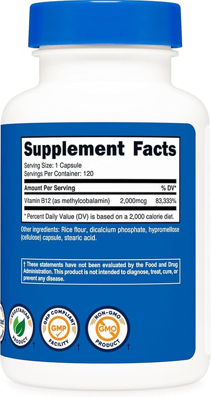 Nutricost Vitamin B12 (Methylcobalamin) 2000mcg, 120 Capsules - Vegetarian Caps, Non-GMO, Gluten Free B12 Supplement