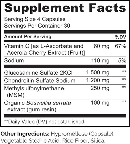 NATURELO Glucosamine Chondroitin MSM with Boswellia and Vitamin C - Joint Support Supplement - 120 Capsules