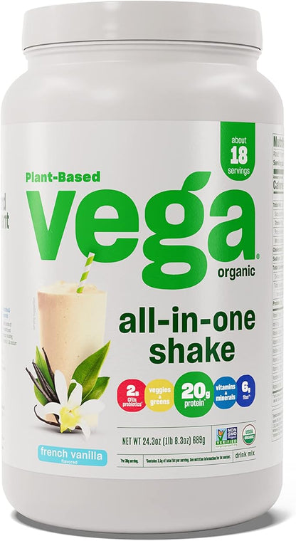 Vega Organic All-in-One Vegan Protein Powder, French Vanilla -Superfood Ingredients, Vitamins for Immunity Support, Keto Friendly, Pea Protein for Women & Men, 1 lbs (Packaging May Vary)