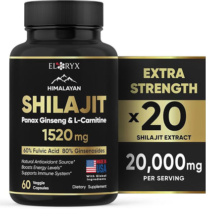 Pure Himalayan Shilajit Supplement 60 Capsules 60% Fulvic Acid 85+ Trace Minerals for Energy Boost & Immune Support Shilajit for Men & Women Alternative to Authentic Shilajit Resin or Pills, USA Made
