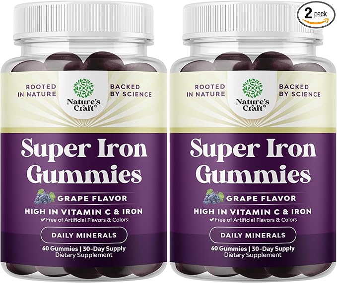 Extra Strength Iron Gummies for Women and Men - Potent 45mg per Serving Chewable Iron Supplement for Women & Men with Vitamin C for Higher Absorption - Vegan Daily Iron Gummy for Adults (60 Servings)