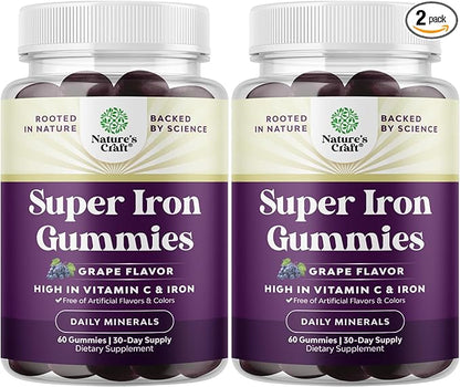 Extra Strength Iron Gummies for Women and Men - Potent 45mg per Serving Chewable Iron Supplement for Women & Men with Vitamin C for Higher Absorption - Vegan Daily Iron Gummy for Adults (60 Servings)