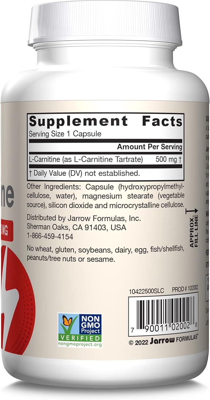 Jarrow Formulas Acetyl L-Carnitine 500 mg, Dietary Supplement, Amino Acid Support for Brain Health and Antioxidants, 60 Veggie Capsules, 60 Day Supply