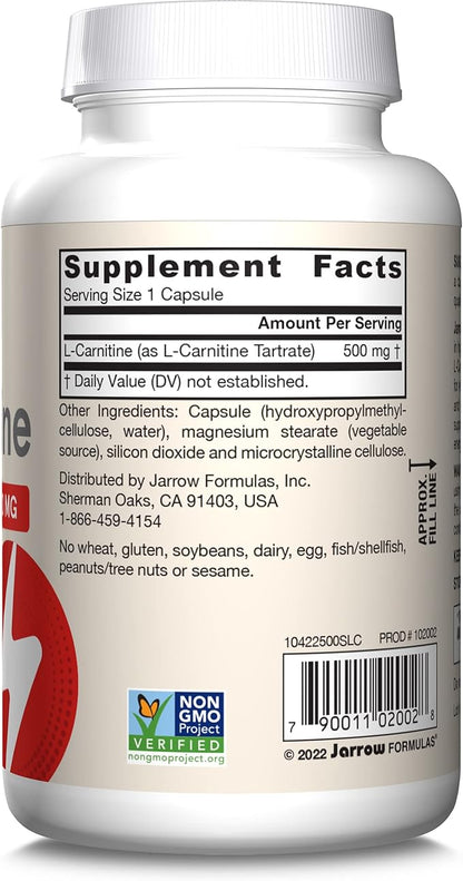 Jarrow Formulas Acetyl L-Carnitine 500 mg, Dietary Supplement, Amino Acid Support for Brain Health and Antioxidants, 60 Veggie Capsules, 60 Day Supply
