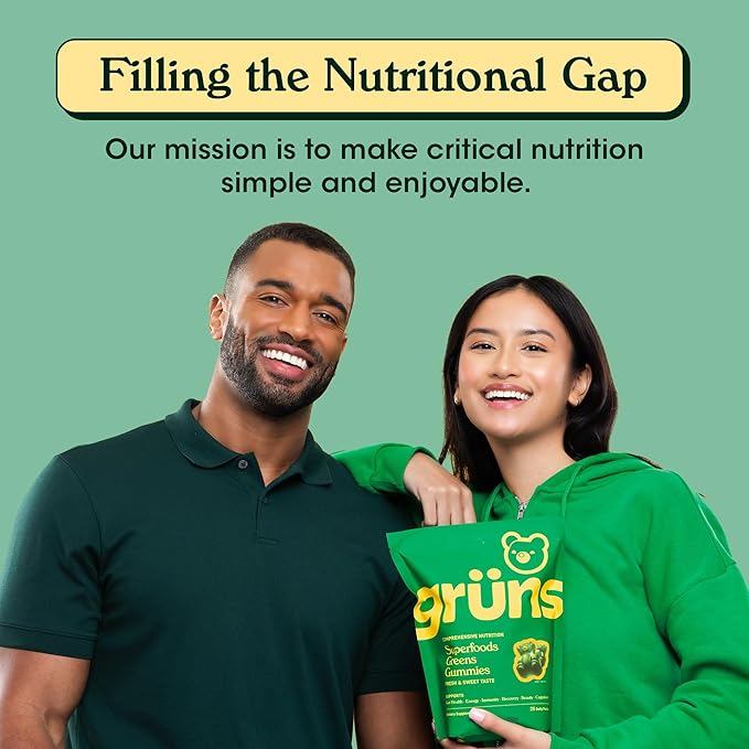 Gruns Adults Super Greens Gummies, Superfood Gummy Bears with Spirulina, Chlorella & Prebiotics for Digestive Health - Adaptogens Supplement with 20 Vitamins & Minerals, Low Sugar- 1 Month Supply