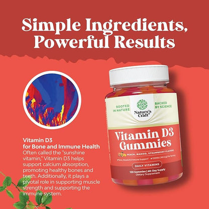 Vitamin D3 Gummies for Daily Wellness - Delicious Vitamin D Gummies for Adults with Vitamin D3 2000IU per Serving for Bone Muscle & Immune Support - Non-GMO Gelatin & Gluten Free (60 Day Supply)