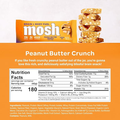MOSH Peanut Butter Crunch Keto Protein Bars, High Fiber, Low Carb, Gluten Free, High Protein, Brain Healthy Snack, 12 Count