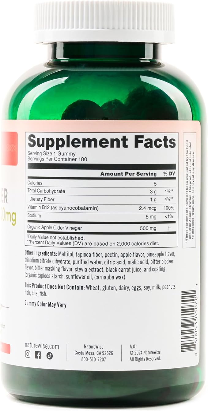 NatureWise Apple Cider Vinegar ACV Gummies - 1000mg ACV per 2, Sugar Free, Vegan - Energy & Gut Health - ACV Gummies W/Vitamin B12-180 Gummies[3-Month Supply for 1000mg / 6-Month Supply for 500mg]