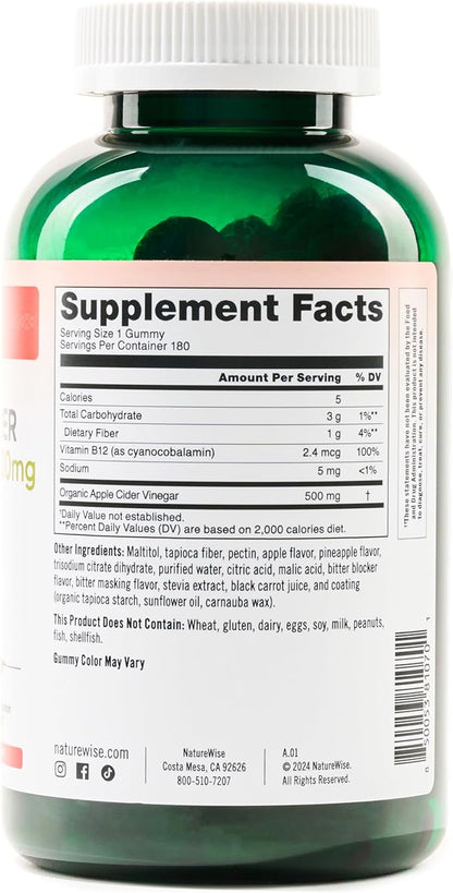 NatureWise Apple Cider Vinegar ACV Gummies - 1000mg ACV per 2, Sugar Free, Vegan - Energy & Gut Health - ACV Gummies W/Vitamin B12-180 Gummies[3-Month Supply for 1000mg / 6-Month Supply for 500mg]