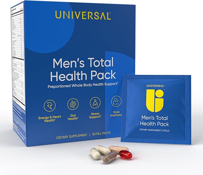 Men's Total Health Pack Daily Multivitamin Supplement, Energy, Stress Support, Krill Oil, 22 Key Vitamins & Minerals, VIT D, C, B12, E, A, B6, K, Biotin, Zinc, Astaxanthin (30 Pack)