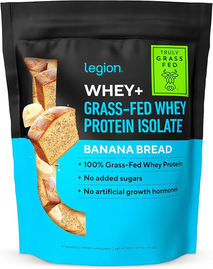 LEGION Whey+ Whey Isolate Protein Powder from Grass Fed Cows - Low Carb, Low Calorie, Non-GMO, Lactose Free, Gluten Free, Sugar Free, All Natural Whey Protein Isolate, 30 Servings (Banana Bread)