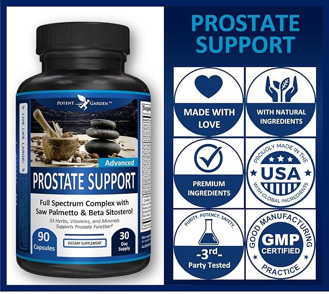 Potent Garden Prostate Support 33 Herbs Including Beta Sitosterol, Pygeum and Saw Palmetto for Men Prostate Health Supplements for Men, 90 Caps