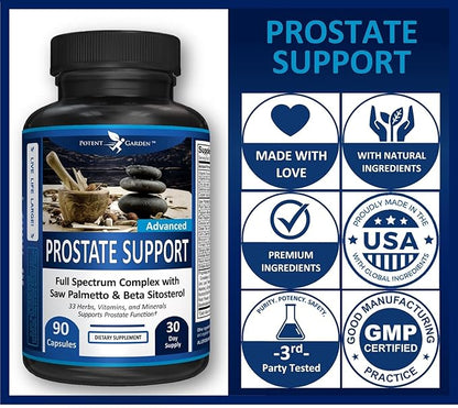 Potent Garden Prostate Support 33 Herbs Including Beta Sitosterol, Pygeum and Saw Palmetto for Men Prostate Health Supplements for Men, 90 Caps