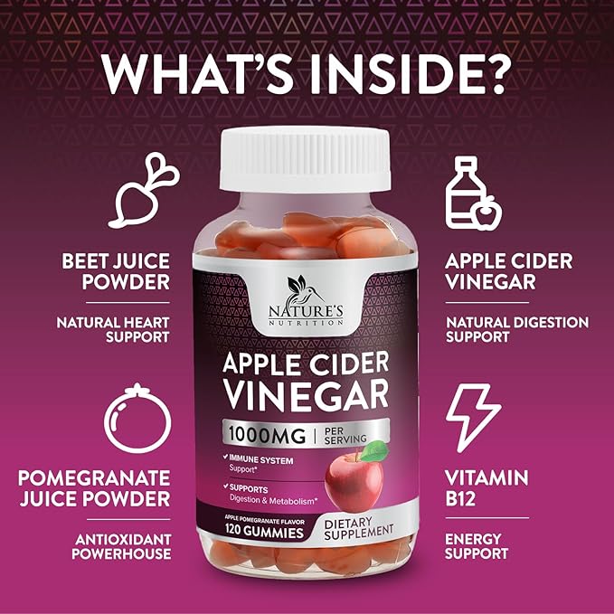 Nature's Nutrition Apple Vinegar Gummy for Weight Loss 1000mg - Vegan Apple Cider Vinegar Gummies for Detox & Cleanse, ACV Supplement Pills, Vitamin B12, Beetroot & Pomegranate, Non-GMO - 120 Gummies