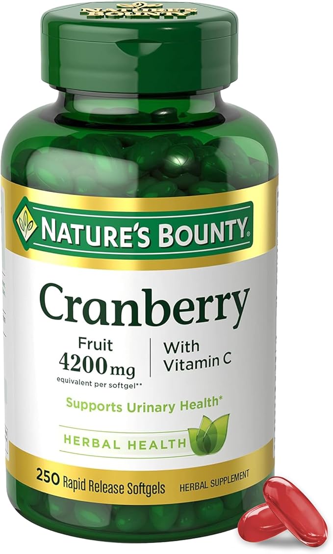 Nature's Bounty Cranberry 4200mg With Vitamin C, Urinary Health & Immune Support, Cranberry Concentrate, 250 Rapid Release Softgels