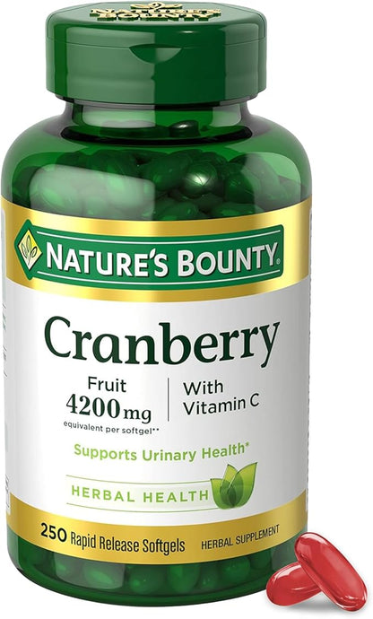 Nature's Bounty Cranberry 4200mg With Vitamin C, Urinary Health & Immune Support, Cranberry Concentrate, 250 Rapid Release Softgels