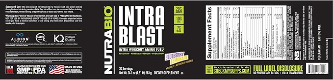 NutraBio Intra Blast BCAA EAA Electrolyte and Hydration Powder - Amino Acid Supplement, EAA/BCAA Powder - Non-GMO and Gluten Free - Blueberry Lemonade - 30 Servings