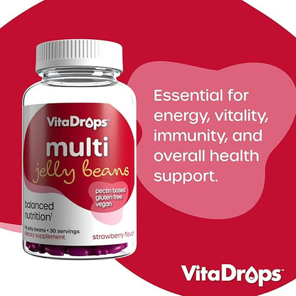 Multivitamin Jelly Beans, Women & Men, Source of Vitamin A C D E B-3 B-6 & Biotin, Supports Immune System, Pectin Based, Vegan & Gluten Free, Strawberry Flavor, 90 Jelly Beans, 30 Servings