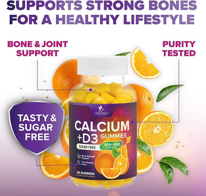 Sugar Free Calcium Gummy Bites Plus 400 IU Vitamin D3, Bone Health & Immune Support, Supports Bone Strength - Chewable Calcium Nutrition Supplement, Non-GMO, Orange Flavor Chews - 60 Gummies