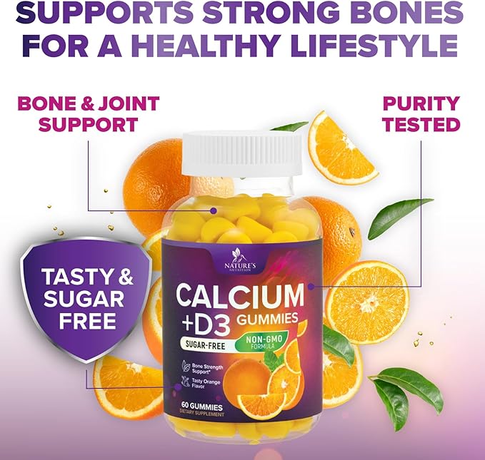 Sugar Free Calcium Gummy Bites Plus 400 IU Vitamin D3, Bone Health & Immune Support, Supports Bone Strength - Chewable Calcium Nutrition Supplement, Non-GMO, Orange Flavor Chews - 60 Gummies