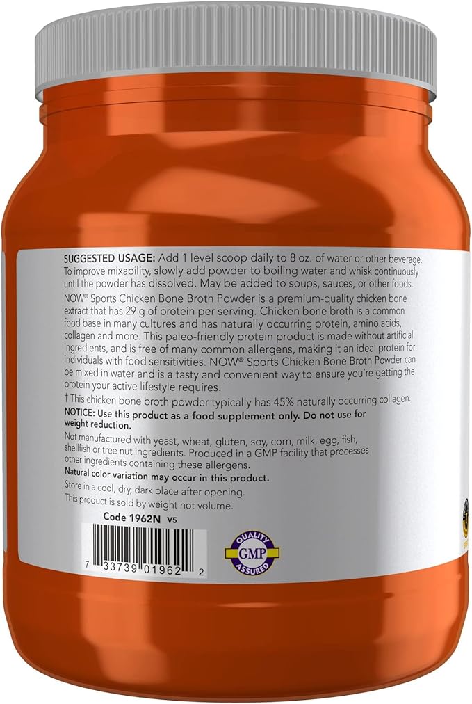 NOW Foods Sports Nutrition, Chicken Bone Broth Powder made with Premium-Quality Chicken Bone Extract, 1.2-Pound