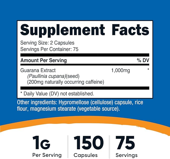 Nutricost Guarana 1000mg Serving, 150 Vegetarian Capsules - Natural Herbal Brazilian Caffeine Energizer Supplement