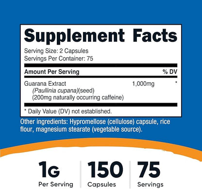 Nutricost Guarana 1000mg Serving, 150 Vegetarian Capsules - Natural Herbal Brazilian Caffeine Energizer Supplement