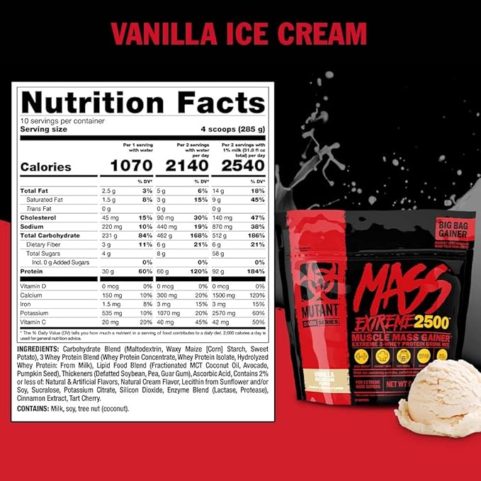 Mutant Mass Extreme Gainer – Whey Protein Powder – Build Muscle Size and Strength – High Density Clean Calories (Vanilla Ice Cream, 12 lbs)