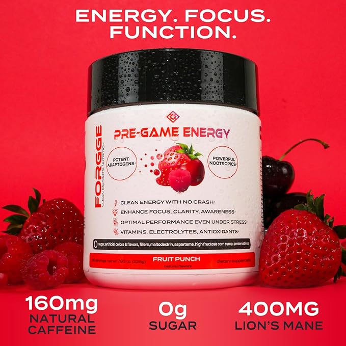 Forgge Focus Energy Drink Powder - Lion’s Mane, Alpha-GPC, L-Theanine and Nootropics for Focus - Vitamins + Electrolytes - Natural Caffeine, Sugar Free (Fruit Punch)