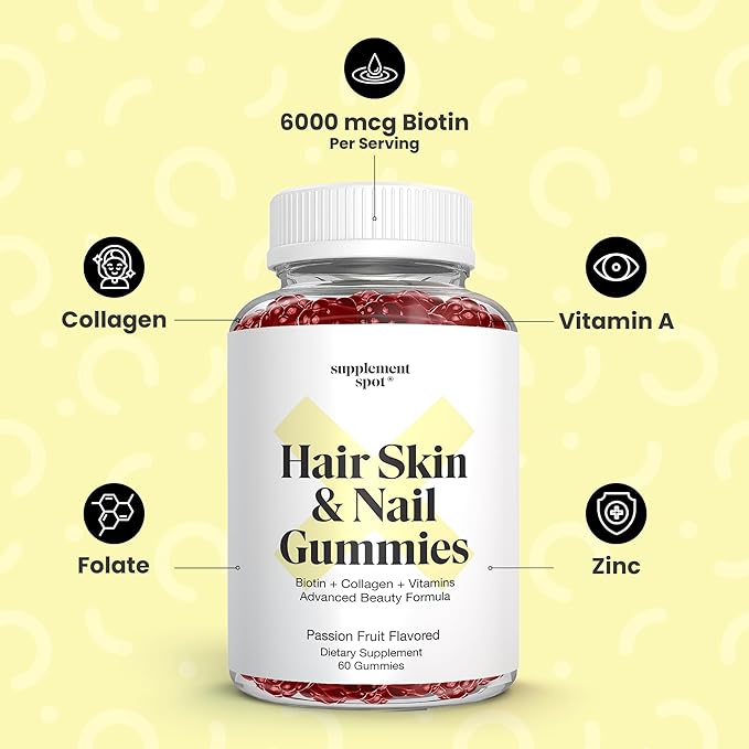 Hair Skin and Nails Vitamins, 6000 mcg Biotin Gummies w/Collagen & Vitamins, Passion Fruit Flavored Hair Vitamins, Gluten Free Collagen Supplements (60 Count)