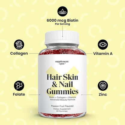 Hair Skin and Nails Vitamins, 6000 mcg Biotin Gummies w/Collagen & Vitamins, Passion Fruit Flavored Hair Vitamins, Gluten Free Collagen Supplements (60 Count)
